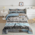 Erosebridal Lake House Queen Size Comforter Set, Rustic Farmhouse Bedding Set for Kids Boys Teens Adult Women, Wooden Bridge Blue Grey Duvet Sets Mountain Barn Door Duvet Insert Gift for Lake Lover