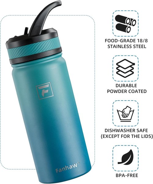Fanhaw Kids Insulated Water Bottle - 18 Oz Stainless Steel, Double Wall, Leak-Proof, BPA-Free | Green Blue