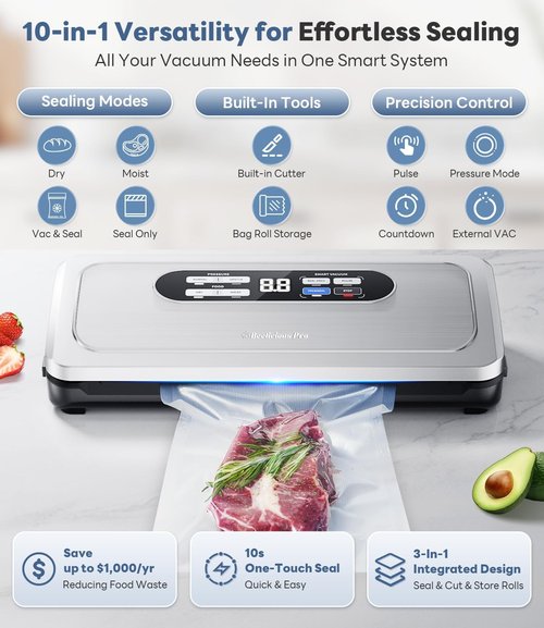 AirLock Vacuum Sealer Machine - 10-in-1 Food Sealer with Digital Timer & Built-in Cutter | Compact Stainless Steel Design