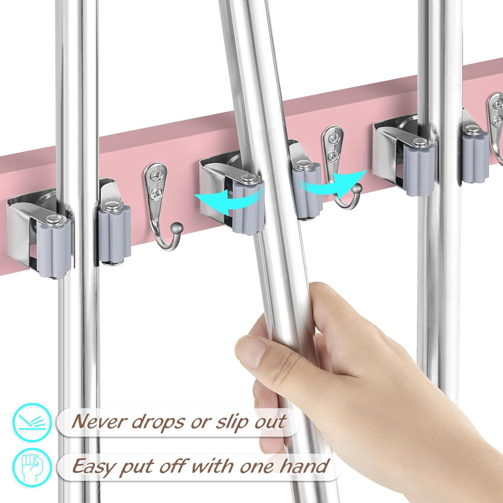 OUTNILI Pink Mop Broom Holder - Wall Mount Organizer with 4 Slots & Hooks for Kitchen & Laundry Room Decor