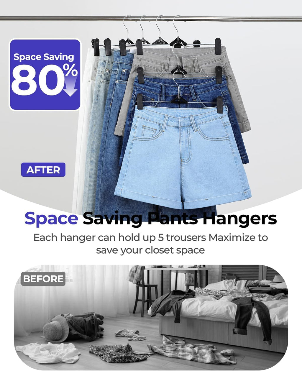 Northern Brothers Pants Hangers with Clips - 30 Pack Black | Space-Saving, Non-Slip Design for Jeans, Shorts & Skirts