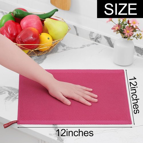 Homaxy Kitchen Dish Cloths - Ultra Soft 100% Cotton Waffle Weave, Quick Drying, 12 x 12 Inches, 6-Pack, Hot Pink
