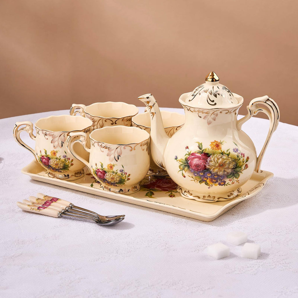 YOLIFE Ceramic Tea Serving Tray, Floral with Gold Leaves Trim Decorative Platter for Tea Party - 13.5 x 7.5 inch