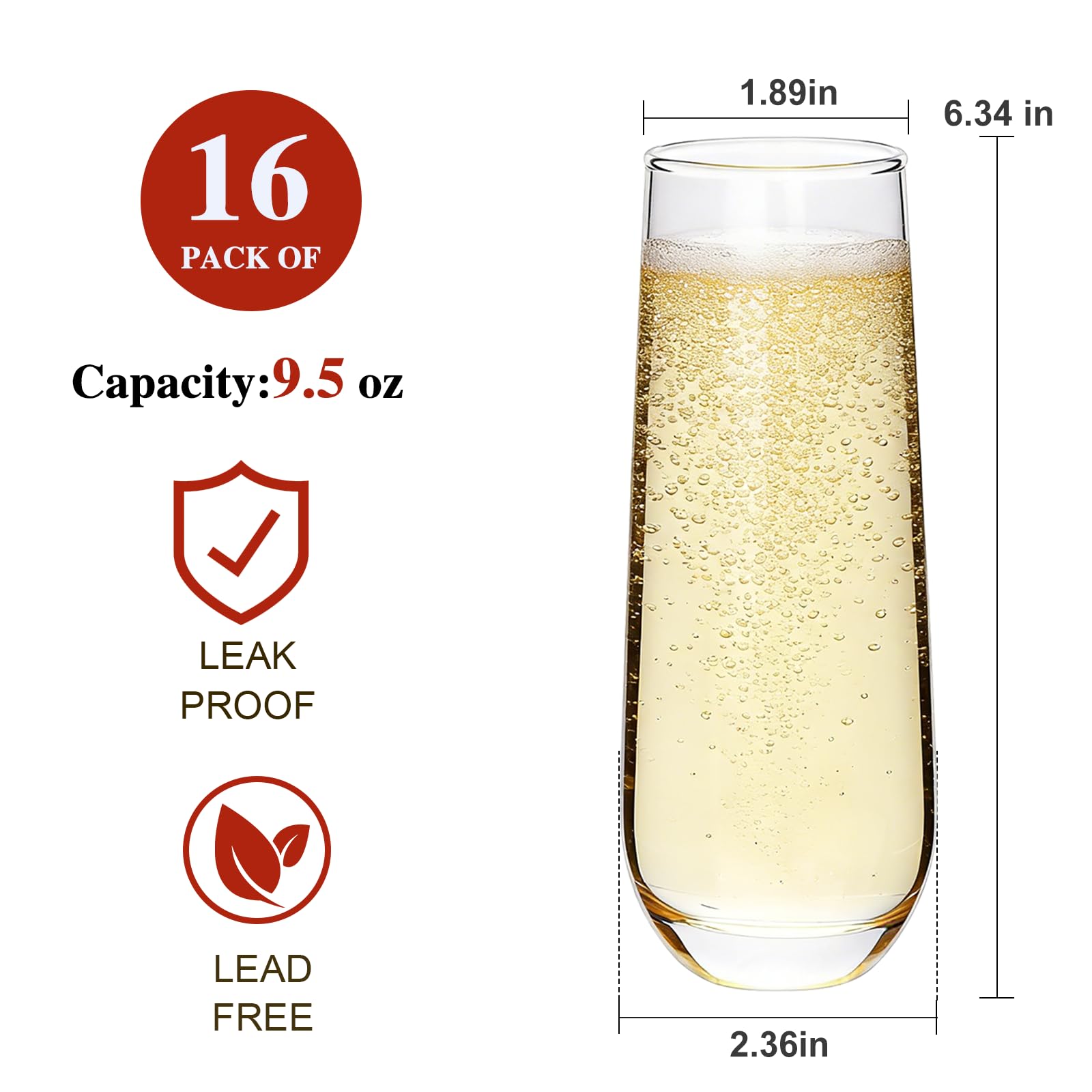 Ufrount Stemless Champagne Flutes Set of 16, 9.5 oz Champagne Glasses, Multi-purpose Mimosa Glasses for Prosecco, Cocktail, Water, Weddings, Bar and Parties