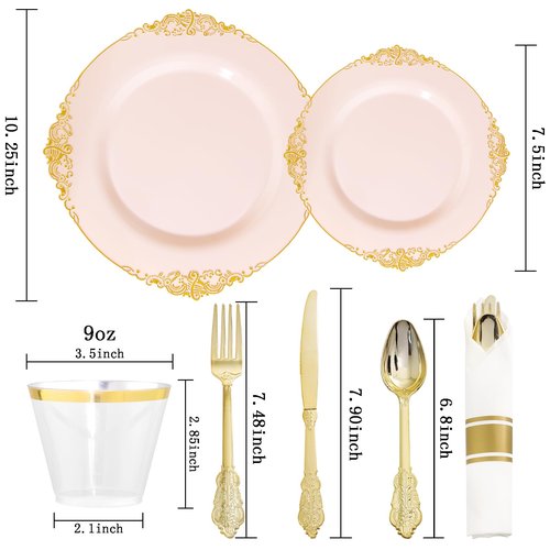 Nervure 175PCS Pink Plastic Plates - Disposable Pink Gold Party Plates & Pre Rolled Napkins with Cutlery for 25 Guests, 50Plates, 75Silverware, 25Cups, 25Napkin for Wedding & Party & Valentines