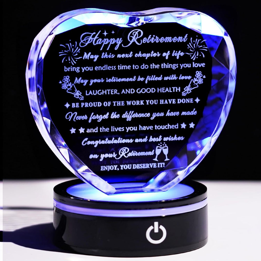 YWHL Retirement Gifts - LED Base Crystal Heart Keepsake | Perfect Farewell Gift for Retirees, Friends & Bosses