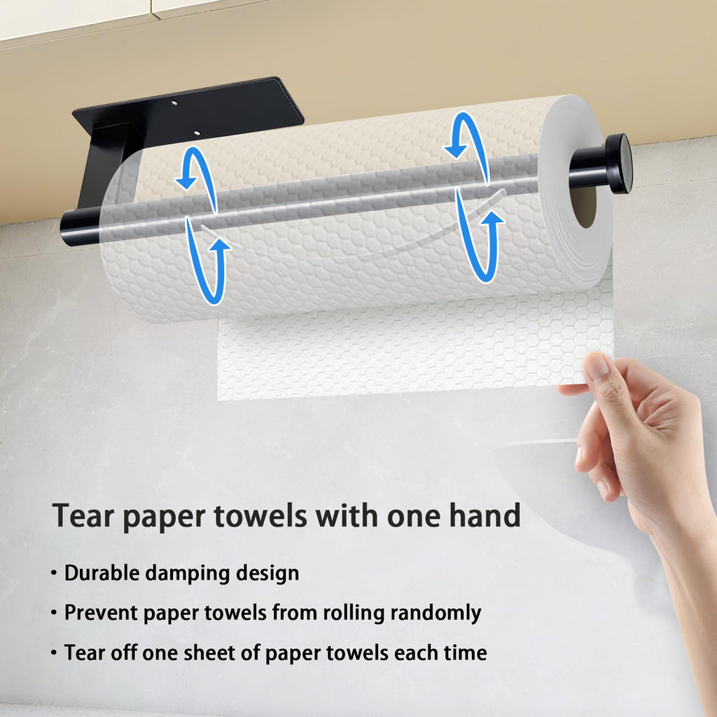 Paper Towel Holder Under Cabinet, Single Hand Operable Tearing Off Paper Towels with Damping Effect, Both Available in Adhesive and Screws, Stainless Steel (Black)