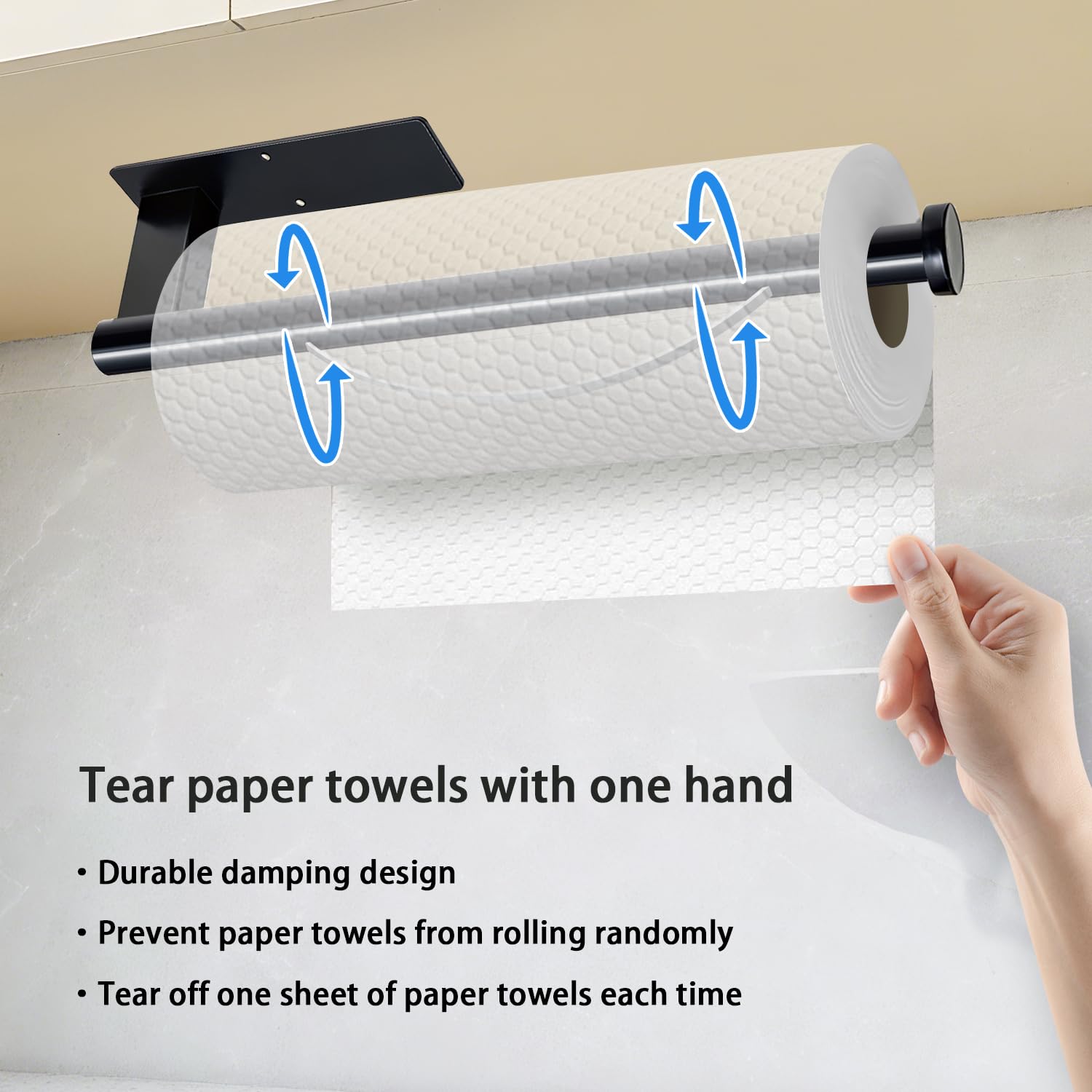 Paper Towel Holder Under Cabinet, Single Hand Operable Tearing Off Paper Towels with Damping Effect, Both Available in Adhesive and Screws, Stainless Steel (Black)