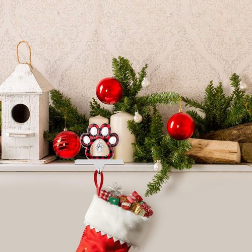 Adecortalk Dog Paw Christmas Stocking Holder with Pendant for Mantel 3D Sliver Metal Pet Paw Stocking Hanger Mantel Buffalo Plaid Stocking Holder for Dog Lover Xmas Fireplace Mantel Table Decorations