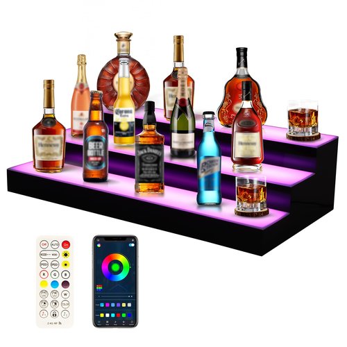 FAHKNS 3 Tiers 16 Inch APP & RF Remote Control LED Lighted Liquor Bottle Display, LED Liquor Shelves, Liquor Bottle Accessories Shelf for Home Bar, 16 Static Colors 4 Dynamic Mode