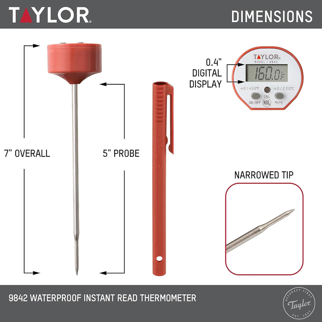 Taylor Waterproof Digital Instant Read Thermometer - Perfect for Cooking, BBQ, and Baking | Includes Pocket Sleeve Clip, Red