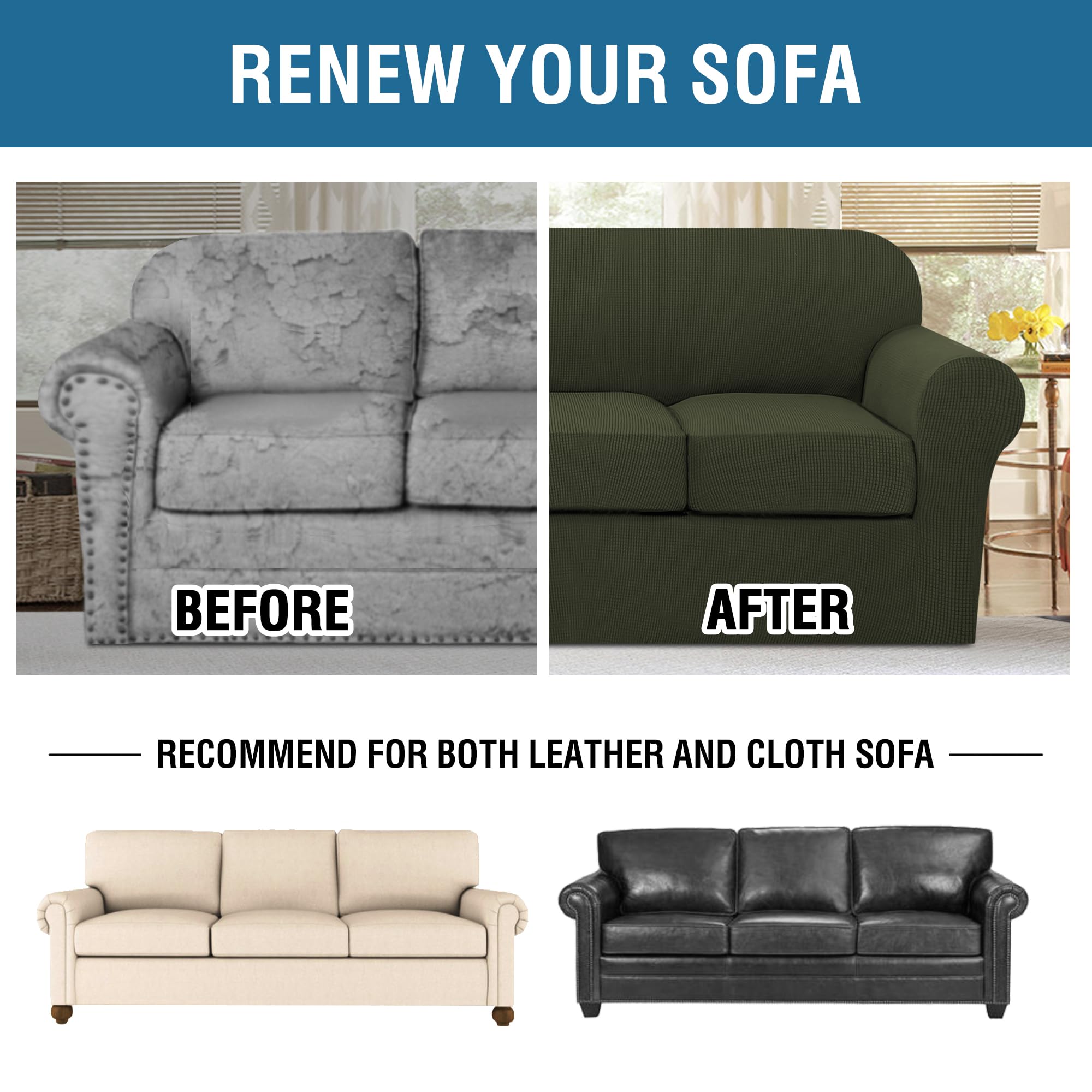 H.VERSAILTEX 4 Piece Stretch Sofa Covers for 3 Cushion Couch Covers for Living Room Furniture (Base Cover Plus 3 Seat Cushion Covers) Upgraded Thicker Jacquard Fabric (Sofa, Olive)