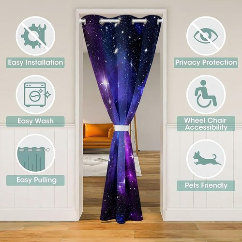 Purple Galaxy Door Curtain For Doorway Privacy Boys Kids Starry Sky Blackout Curtain Bedroom Decor Nebula Universe Design Door Drape Blue Outer Space Theme Closet Door Curtain 34"W X 80"L