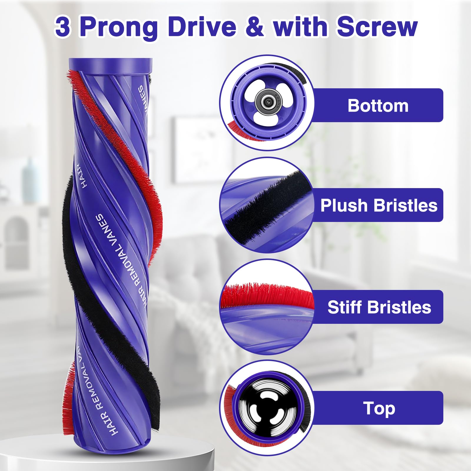 Odashen Replacement Brush Roller for Dyson Anti-Tangle Vacuum Head, Compatible with Dyson V10 SV12 SV27 Anti-Tangle Cordless Vacuums, 3-Prong Brush Roller Bar
