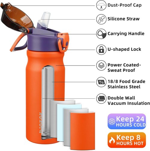 BJPKPK Insulated Water Bottle - 18oz Stainless Steel Flask with Straw & Carry Handle - Orange