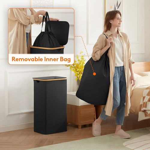 Lifewit 100L Laundry Basket - Foldable Hamper with Lid & Bamboo Handles | Black with Removable Bag