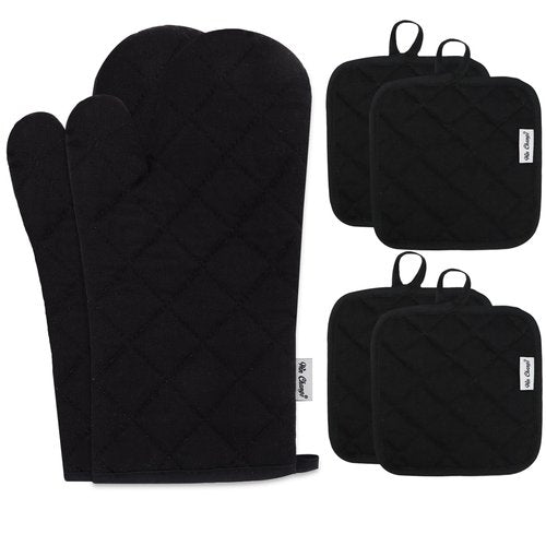 Win Change Oven Mitts and Pot Holders Sets,6 Pcs Oven Mitts and Potholders with Recycled Cotton High Heat Resistant Extra Thick Long Oven Mitts for Cooking(Black)
