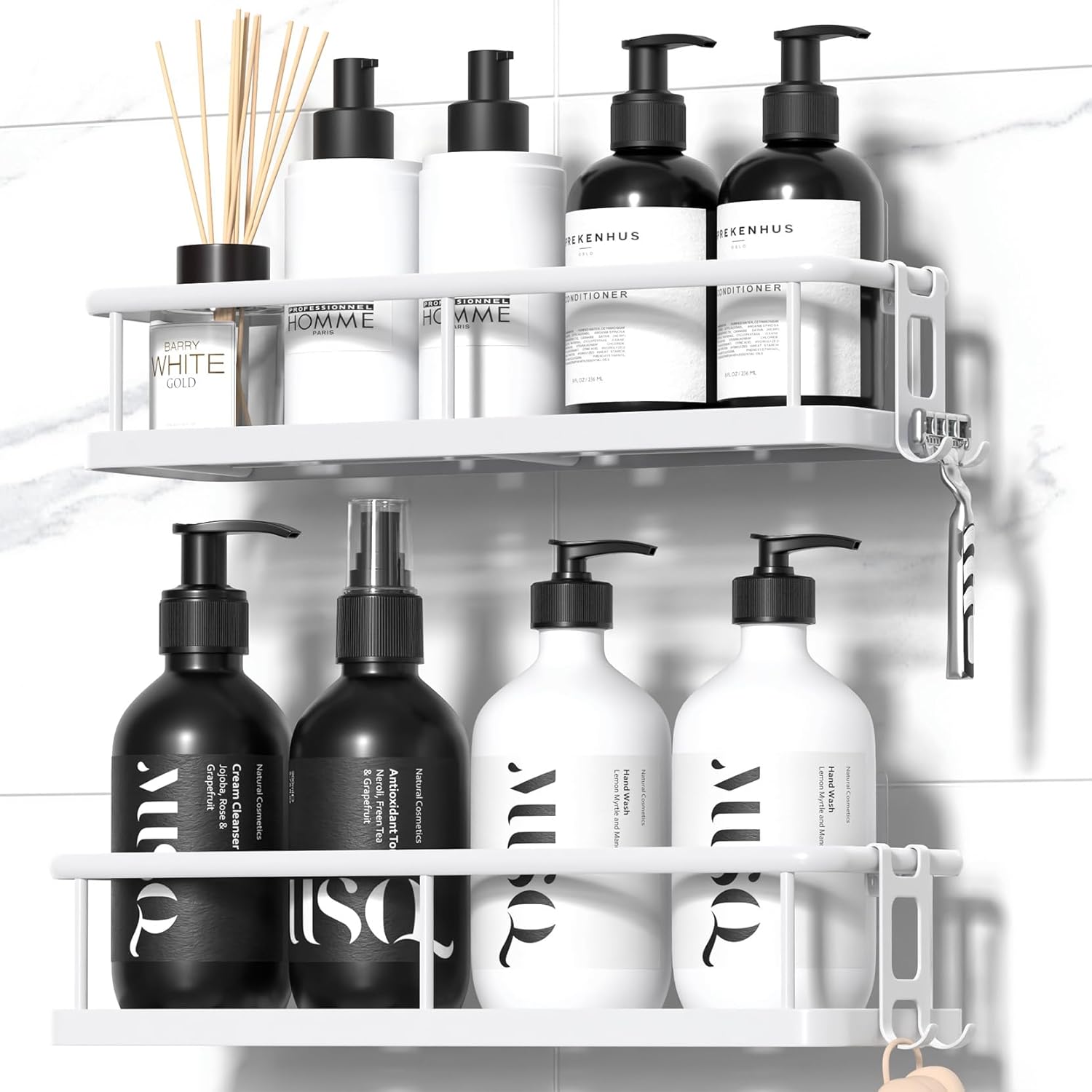 YASONIC Shower Caddy - No Drill Bathroom Organizer with Removable Hooks | Rust Proof, White, 2 Pack