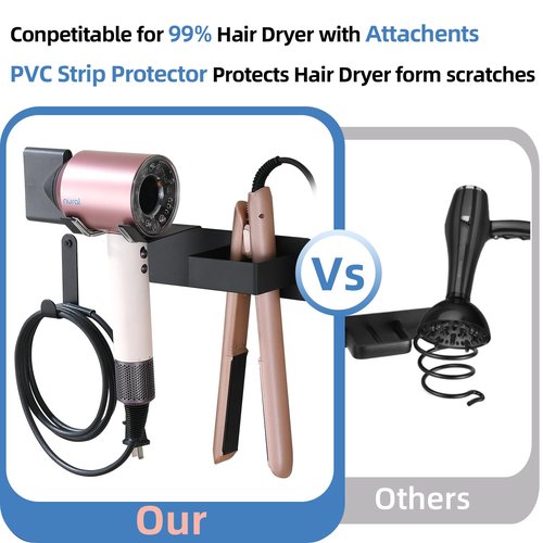 Hair Dryer Holder Wall Mounted, Hair Tool Organizer Wall Mount for Bathroom, Stainless Steel Hair Dryer Holder, Blow Dryer Holder Adhesive/Drilling Hair Dryer and Straightener Holder Black UEMUSI