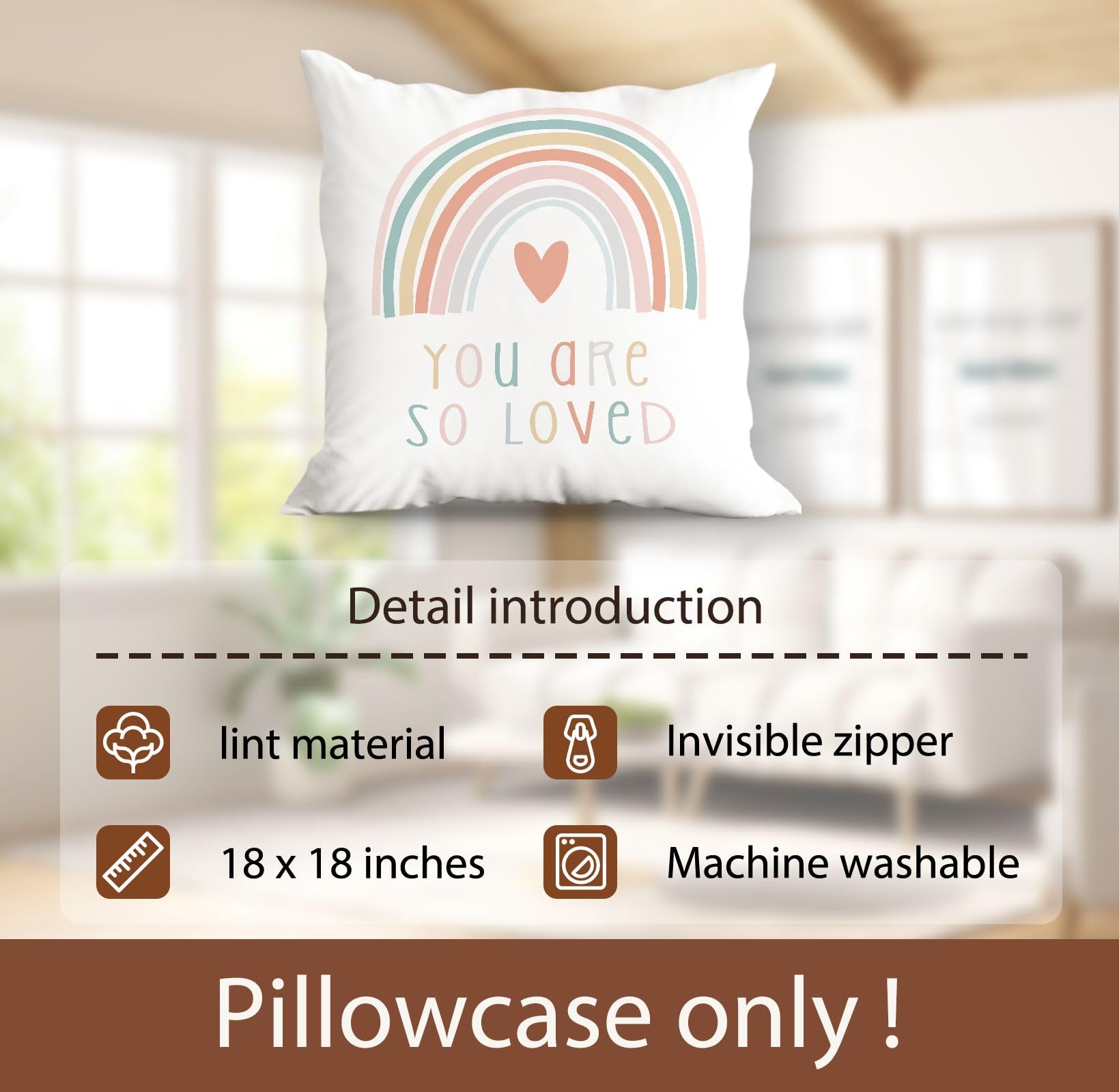 You Are So Loved Boho Rainbow Throw Pillow Cover,18"X18" Decorative Pillowcase Cushion Cover For Sofa Couch Bed,Bohemian Home Girls Room Kids Room Nursery Decor, Gift For Boho Lovers Girls Kids