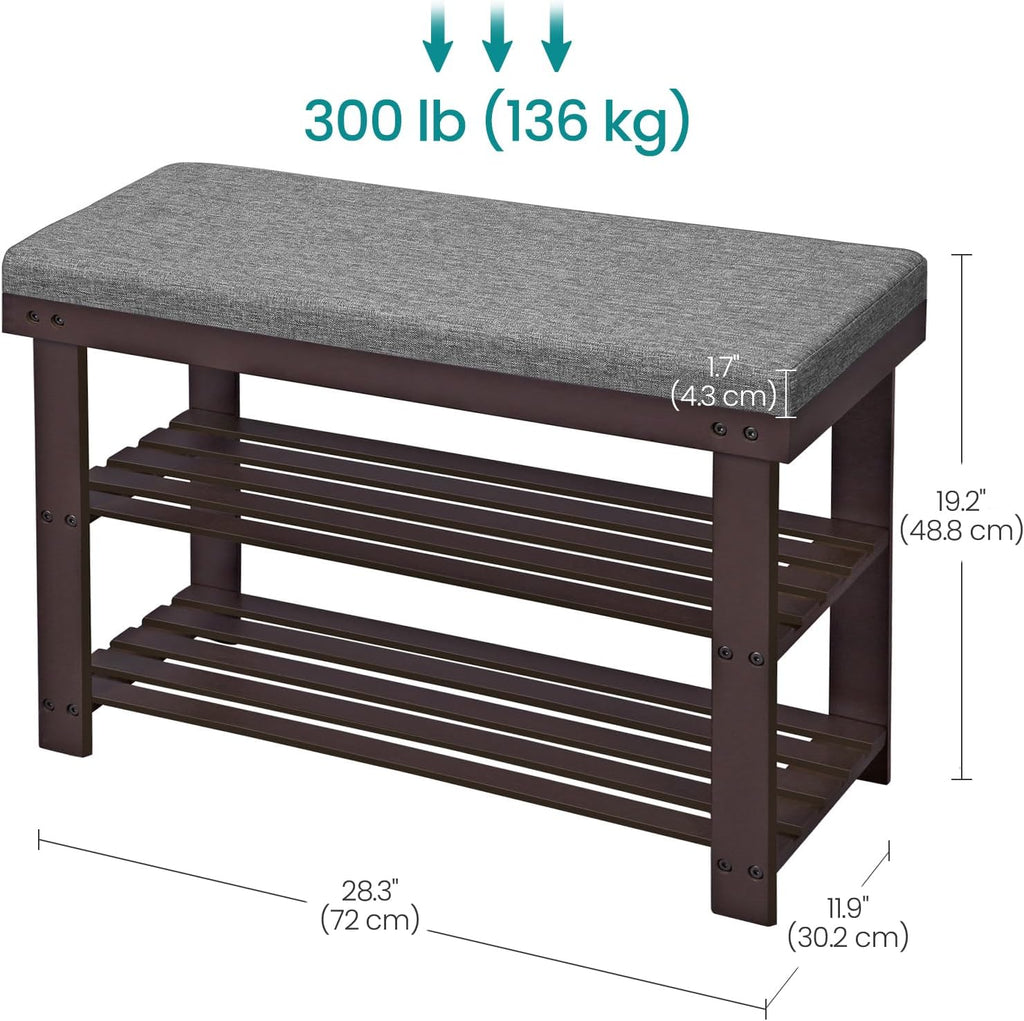 SONGMICS Bamboo Shoe Bench - 3-Tier Shoe Rack Organizer with Rustic Walnut Finish | Holds Up to 300 lb, 11.9 x 28.3 x 19.2 Inches