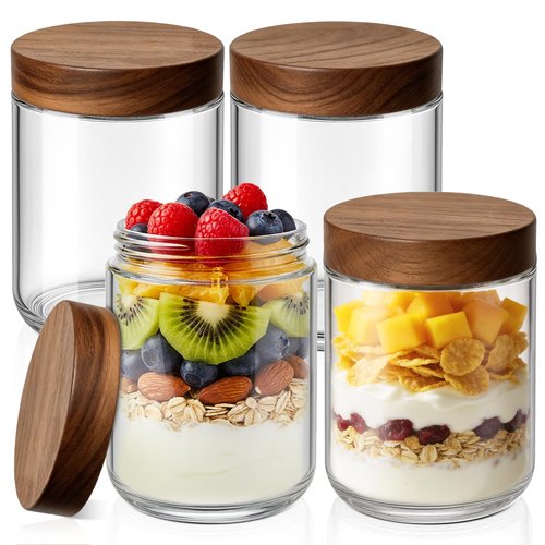Bumobum 16 oz Overnight Oats Containers with Lids, Glass Mason Jars with Acacia Wood Airtight Lid, Wide Mouth Glass Canisters for Food Storage Chia Pudding Snacks Yogurt Spice Meal Prep, 4-Pack