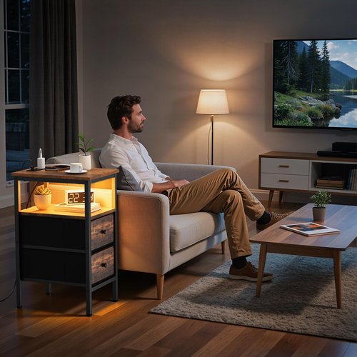 Lewondr End Table with Charging Station and LED Light, Narrow Side Table with 2 Fabric Drawers, Thin Nightstand with USB Ports for Bedside, Bedroom, Living Room, Small Spaces