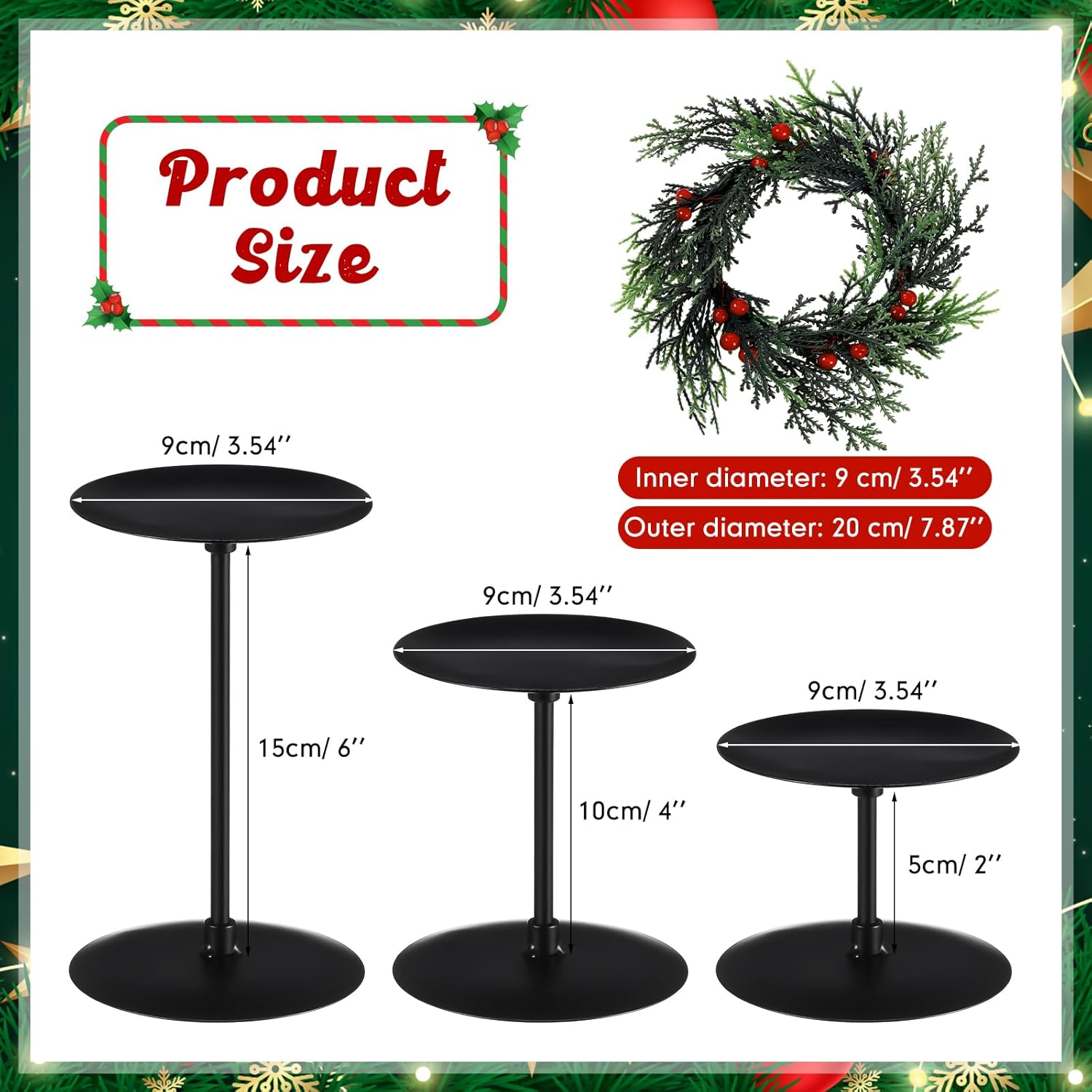 Baderke Christmas Candle Holders Set - 3 Sizes with Artificial Wreath & Red Berry Pine Garland