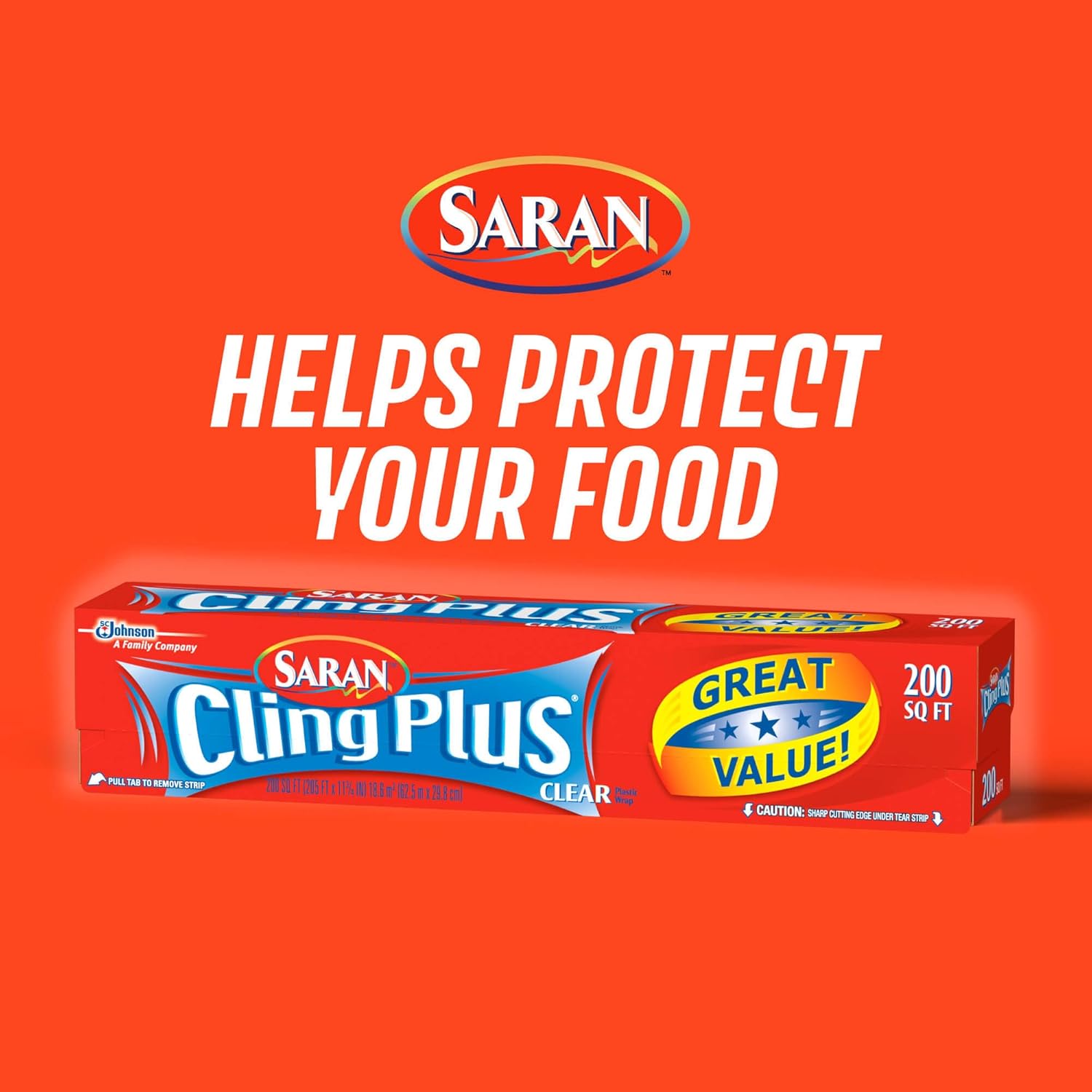 Saran Cling Plus Clear Plastic Wrap - Easy Dispense Food Storage, 200 Sq Ft Roll