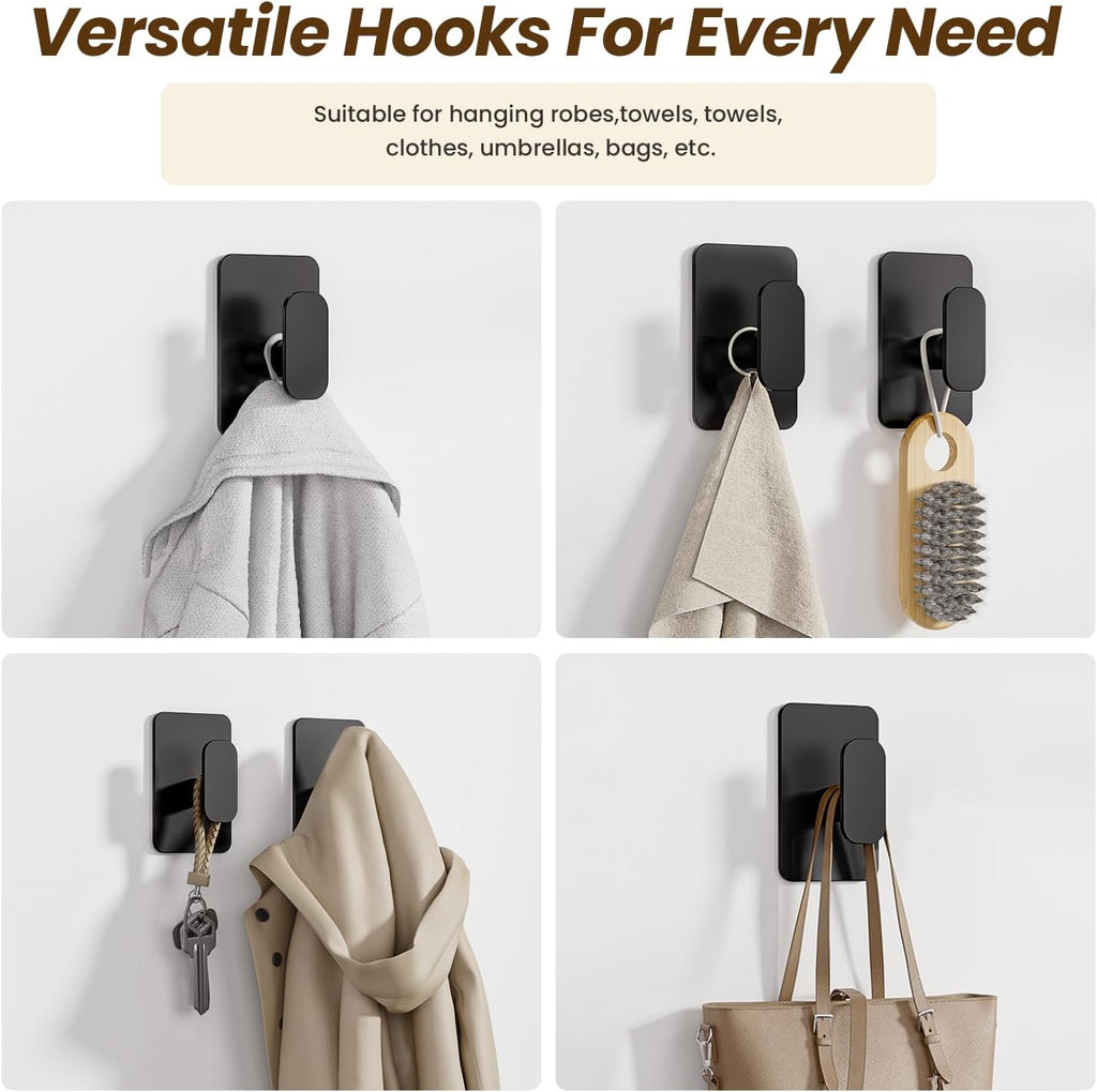 Skiennix Heavy Duty Self-Adhesive Hooks - 26lb Capacity, Waterproof & Rustproof Stainless Steel | Black, 4 Pack for Towel, Coat, Robe