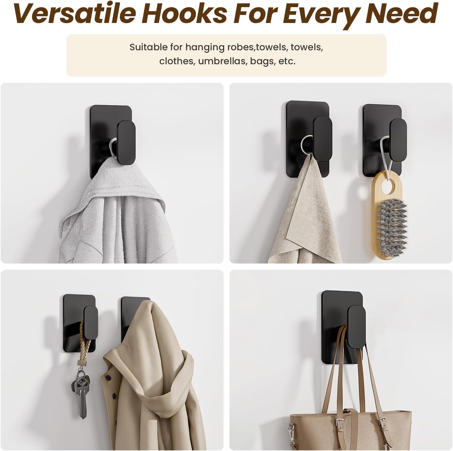 Skiennix Heavy Duty Self-Adhesive Hooks - 26lb Capacity, Waterproof & Rustproof Stainless Steel | Black, 4 Pack for Towel, Coat, Robe