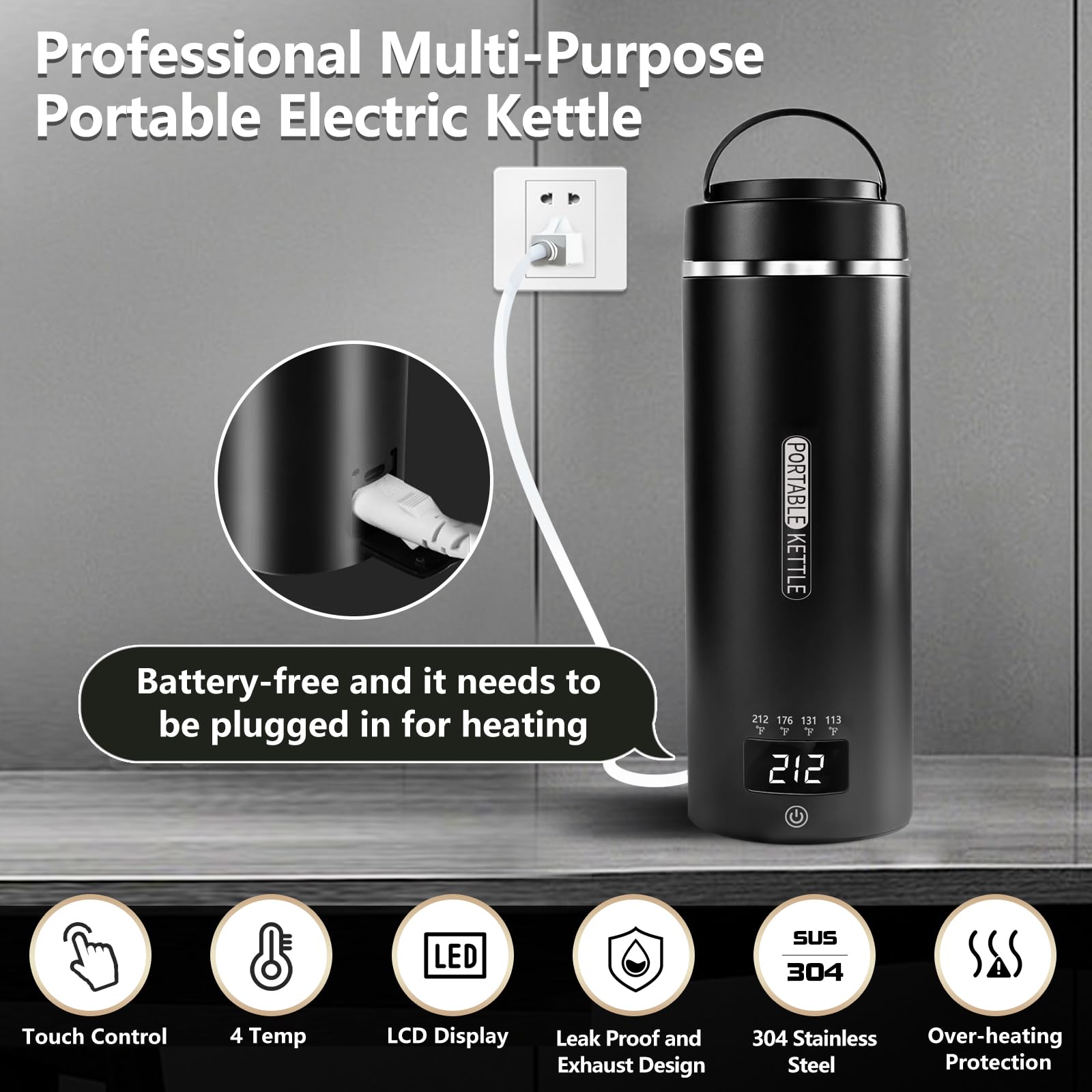 Travel Kettle, Portable Electric Kettle with 4 Temperature Controls, 304 Stainless Steel with Auto Shut-off, Black(120V)