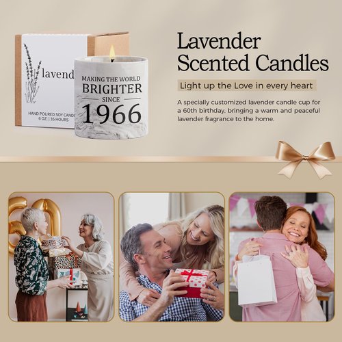 60th Birthday Gifts for Women - 1966 Birthday Gifts for Women Men, 60 Year Old Bday Gift for Her Female, 6oz Sixty Lavender Decor Ceramics Candle