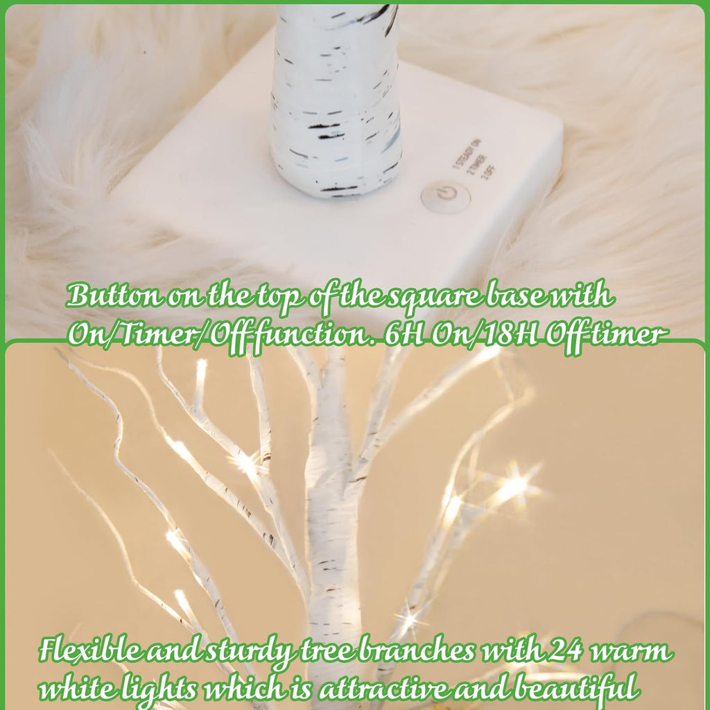 PEIDUO 2FT Birch Tree Easter Decorations - LED Light Up Tree Lamp with Timer & Warm White Glow | Indoor Table Decor (2PK)
