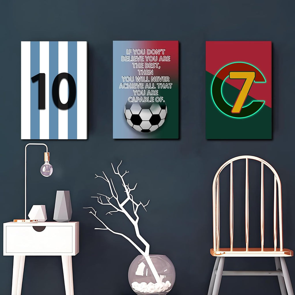 Pormipone Football Wall Art Decor - 3 Pcs Soccer Canvas Paintings for Boys Room | 16x24 in