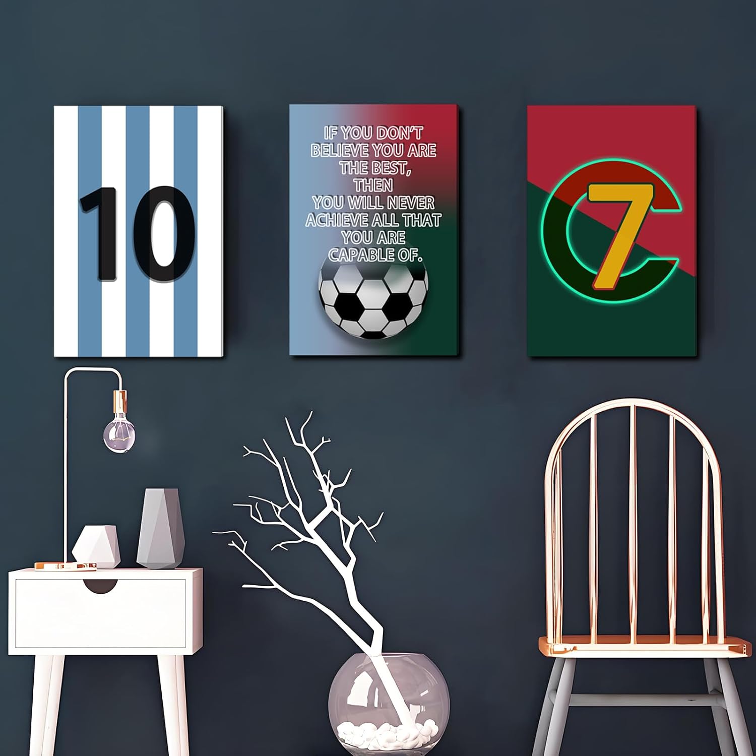 Pormipone Football Wall Art Decor - 3 Pcs Soccer Canvas Paintings for Boys Room | 16x24 in