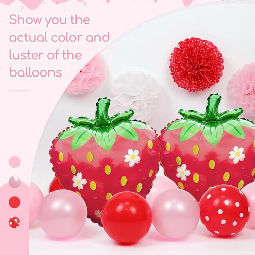 CM ZH set Strawberry Birthday Decorations with Red Pink White Paper Pompoms Red Pearl Pink Balloons Happy Birthday Banner Fringe Curtain for Gender Reveal Strawberry Baby Shower Decorations