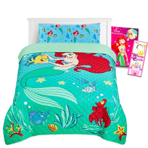 The Little Mermaid Twin Size Bedding Set - Bundle with Ariel Bedspread, Flat & Fitted Sheet, Pillowcase, Tattoos, More | Little Mermaid Bedroom Decor