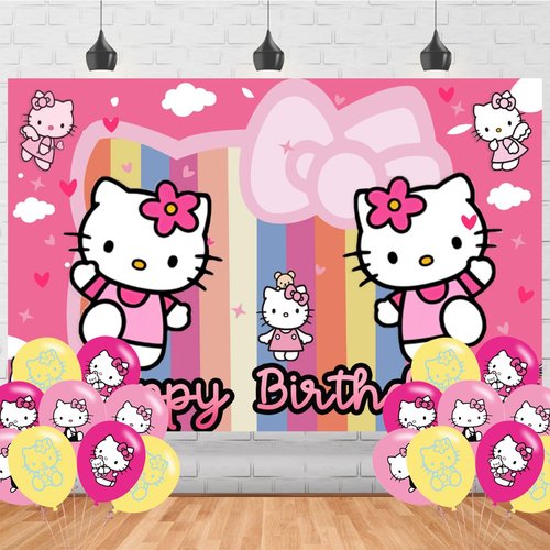Cartoon Hello Cat Happy Birthday Banner Backdrop for The Kitty Cat Birthday Party Supplies (5x3ft)