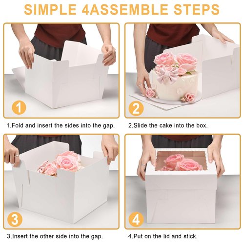 Cupplation Cake Boxes with Window and Cake Boards, 8 x 8 x 8 Inches, 3 Pack, Disposable Bakery Containers for Wedding, Birthday, Party (8 inch)