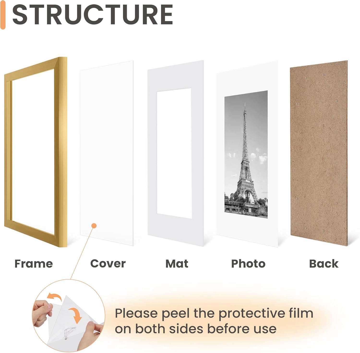Upsimples 11x17 Picture Frame Set of 5 - Display 9x15 with Mat or 11x17 Without | Elegant Gold Design