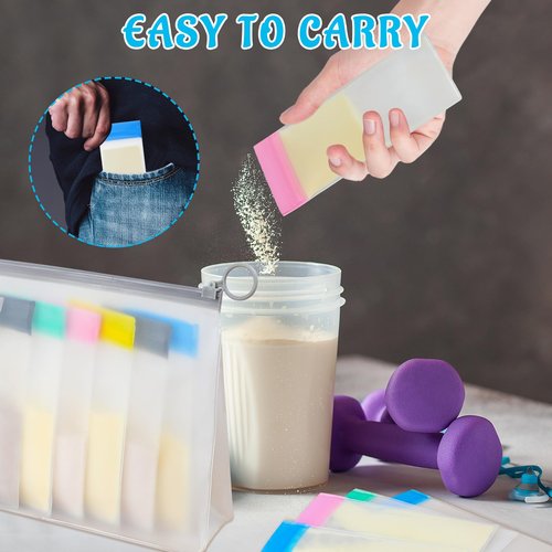 MUOUAKATE Protein Powder Travel Container Set - Reusable Powder Supplement Container to Go - 14pc Single Dose Bags and 2pc Large Travel Containers Zip Up Bags