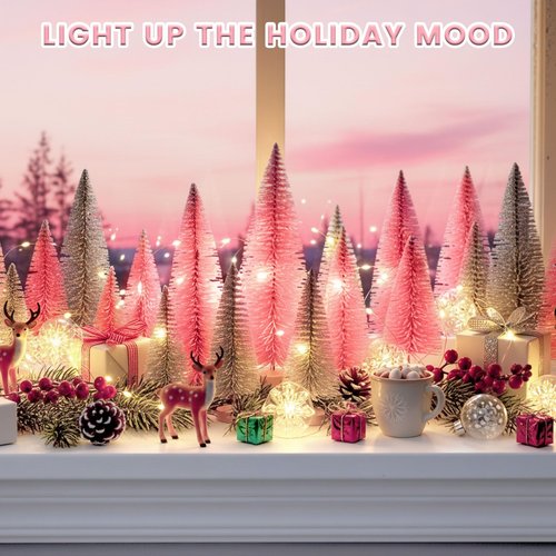 DomeStar 35PCS Mini Christmas Tree, Miniature Christmas Table Decorations 6 Sizes Small Sisal Snow Frost Bottle Brush Trees with Wooden Base for Party Home Crafts Decoration (Pink/Silver)