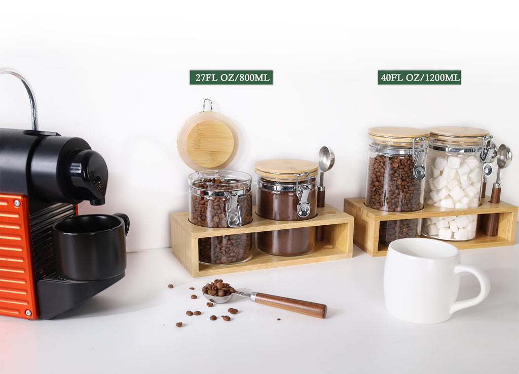 Set of 2 Airtight Glass Tea Canisters with Bamboo Lids & Spoons (27oz) - Ultimate Storage Containers for Loose Leaf Tea to Preserve Freshness & Flavor - Elegant Tea Caddy Jars for Kitchen & Pantry
