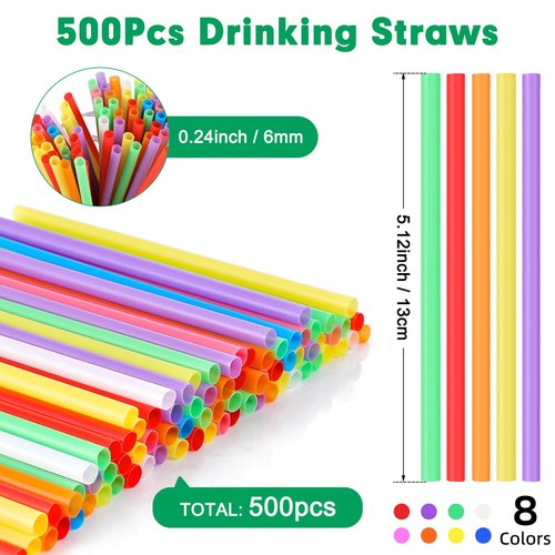 [500 Pcs] 5 Inch Plastic Drinking Straws - 0.24'' Diameter Disposable Straw for Coffee and Cocktail, Colorful Short Straws for Bar, Club, Kitchen