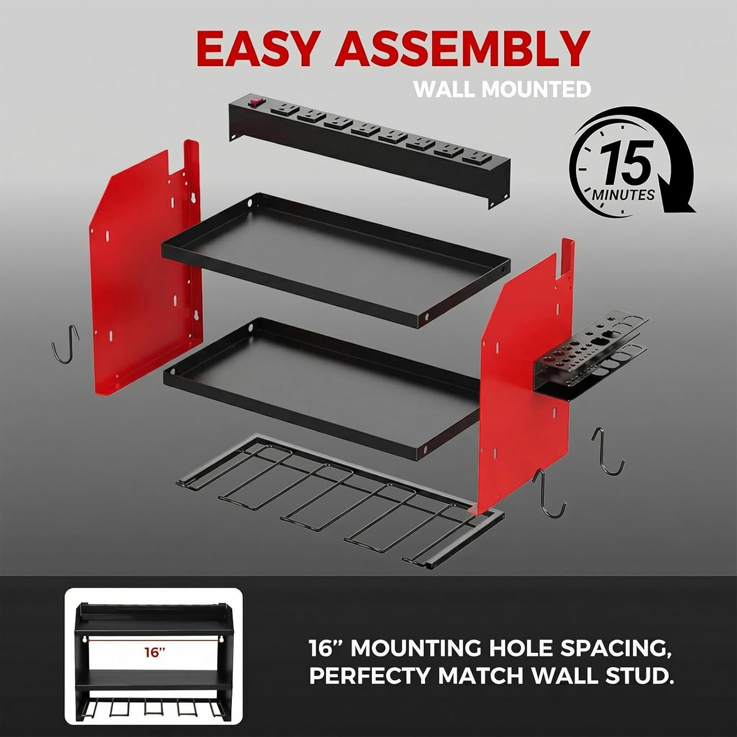 Power Tool Organizer by [Brand Name] - Heavy Duty Wall Mount with Charging Station | 3-Layer Storage & 4 Drill Holders