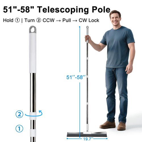Purexa 19.7'' Large Floor Squeegee for Concrete Floor with 51''-58'' Telescoping Stainless Steel Handle, Squeegee Broom for Removing Water on Tile, Epoxy, Garage, Driveway, Patio