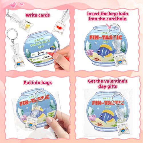 AuroTops Valentines Day Gifts for Kids,24 Pack Resin Fish Keychain with Valentines Day Cards for Kids School Classroom Exchange gifts for Boys Girls Keychains Bulk Kids Party Favors