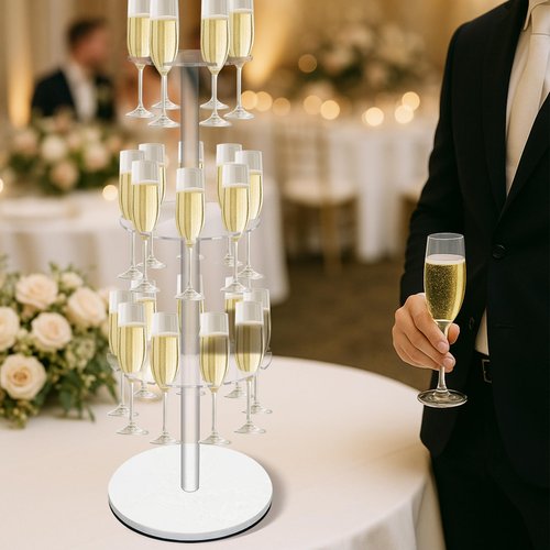 Verssure Champagne Tower with Marble Base,23 Slots Champagne Display Rack Designed for Serving and Drying,3-Tier Cocktail Tree Stand for Drinks,Round Champagne Holder for Wedding and Party (White)
