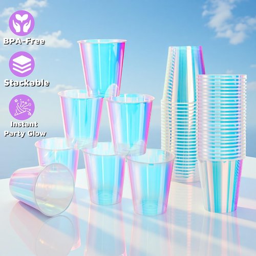 YIMITEE 50 Pack Iridescent Plastic Cup, 12 OZ Disposable Bachelorette Party Cups, Glitter Drinking Cups, Holographic Shiny Beverage Cup, Party Supplies for Disco, Birthday, Wedding, Decorations